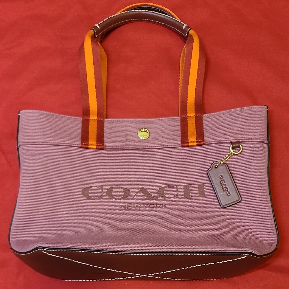 Coach Small Canvas Weekender Bag In Purpel With Burnt Orange Handles